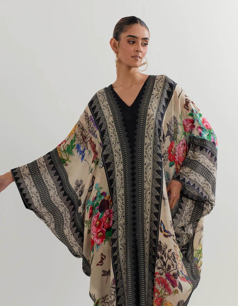 Beige Botanical Print Modal Silk Maxi Kaftan