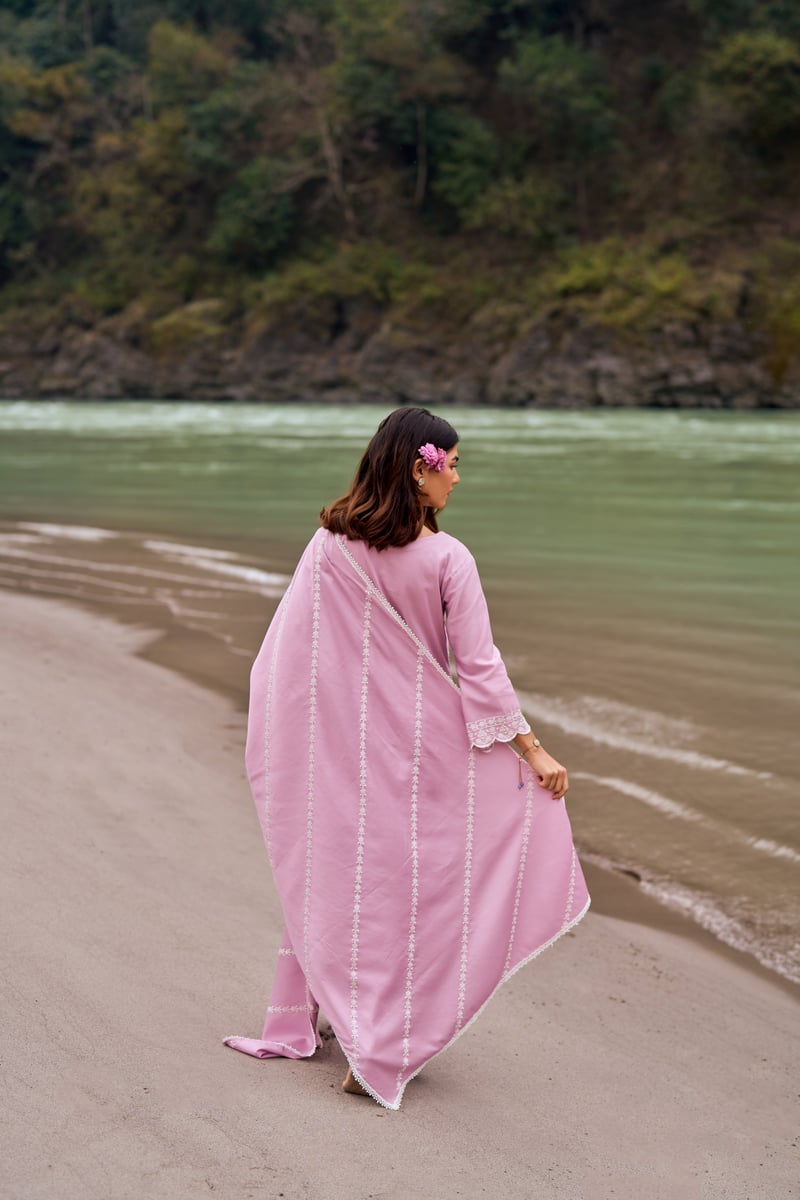 Lavender Cotton Embroidered Straight Kurta Set with Dupatta