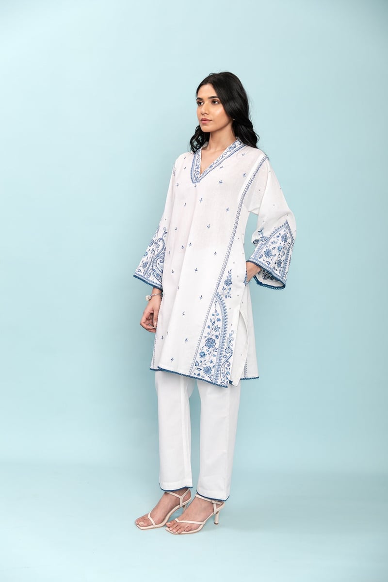 White and Indigo Embroidered Linen Kurta Set with Dupatta