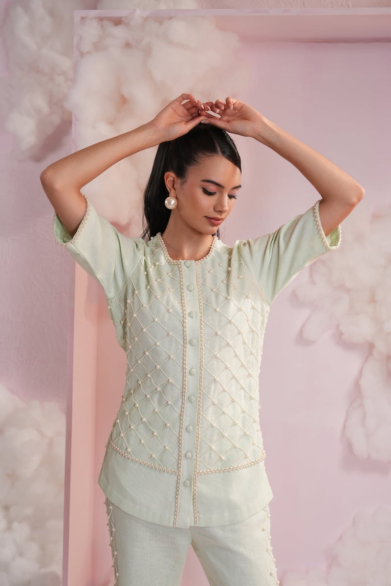 Mint Green Pearl Lattice Shirt and Pants Co-ord Set