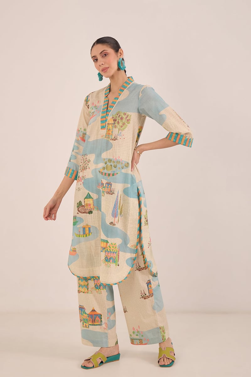Cream Scenic Print Cotton Kurta and Wide-Leg Pants Set