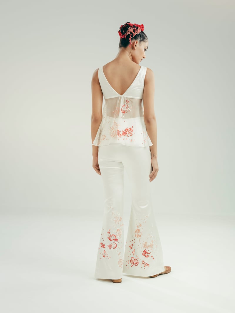 White Satin Top and Flared Pant Co-ord Set with Floral Embroidery