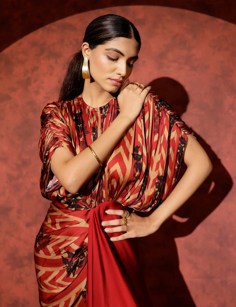 Red Printed Draped Maxi Gown with Contrast Drape