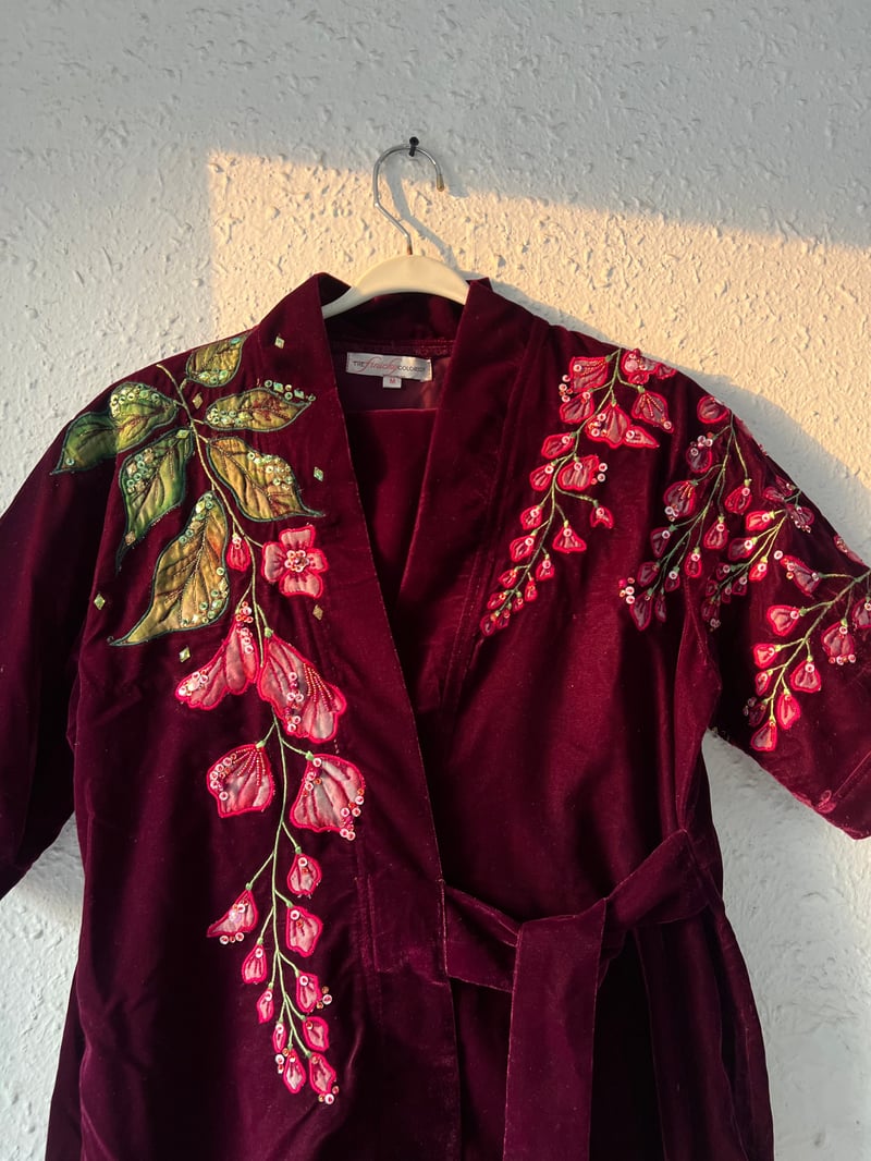 Maroon Velvet Floral Applique Wrap Kimono Top