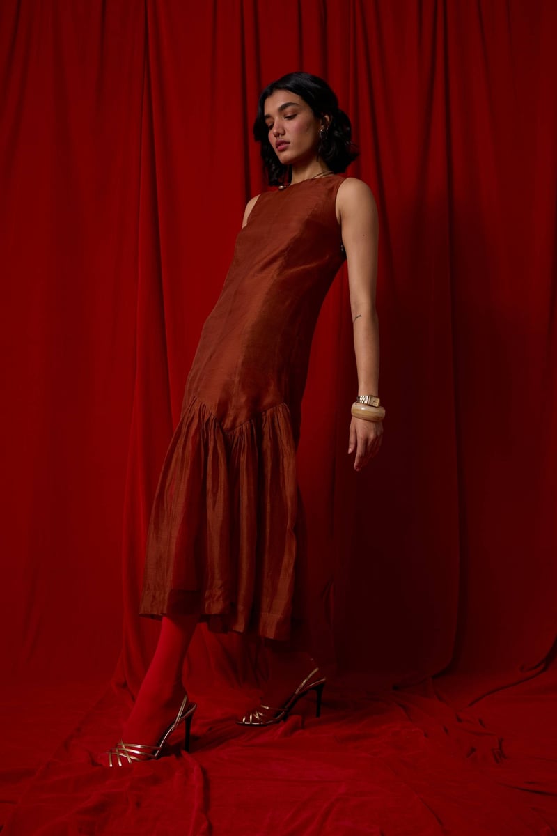 Copper Sleeveless A-Line Tiered Midi Dress