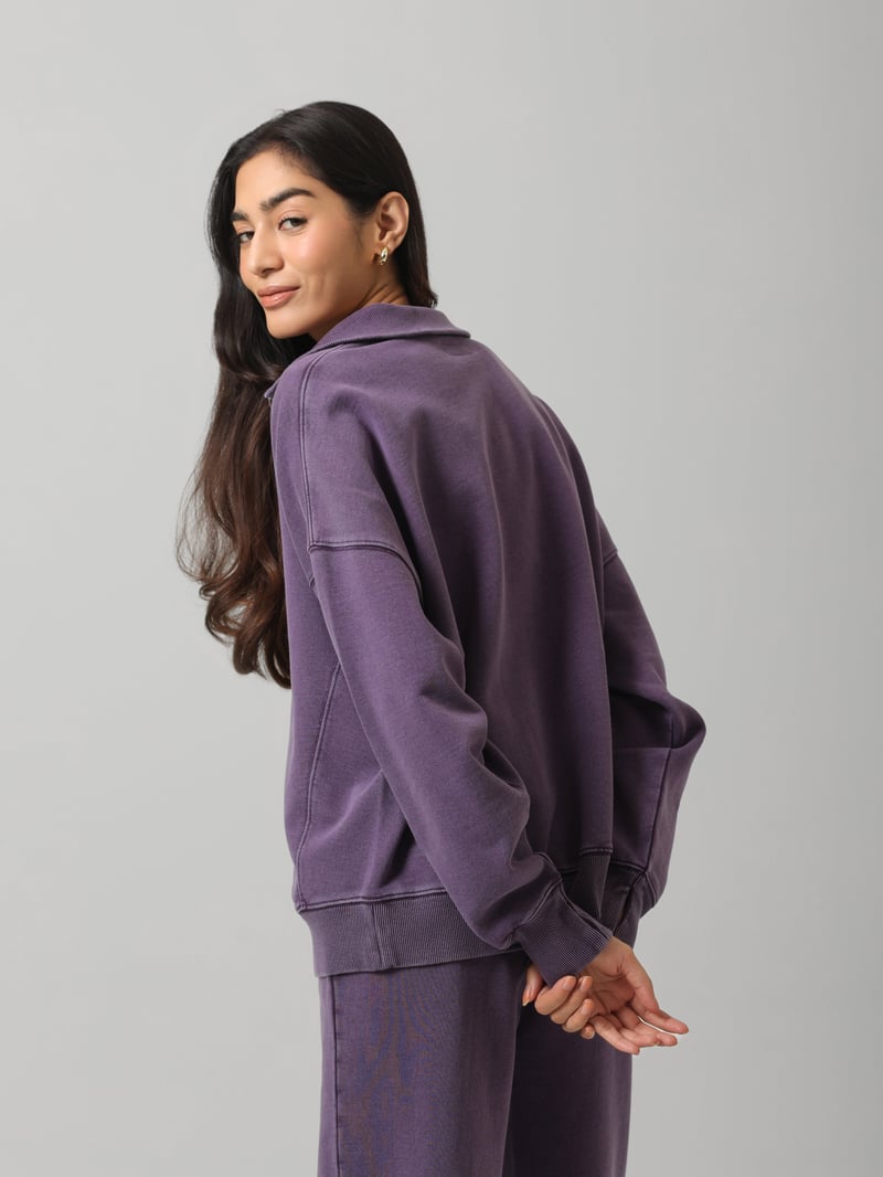Plum Cotton Terry Diagonal Zip-Neck Polo Sweatshirt