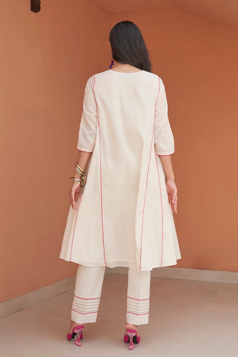 Ivory A-Line Embroidered Kurta Set with Dupatta