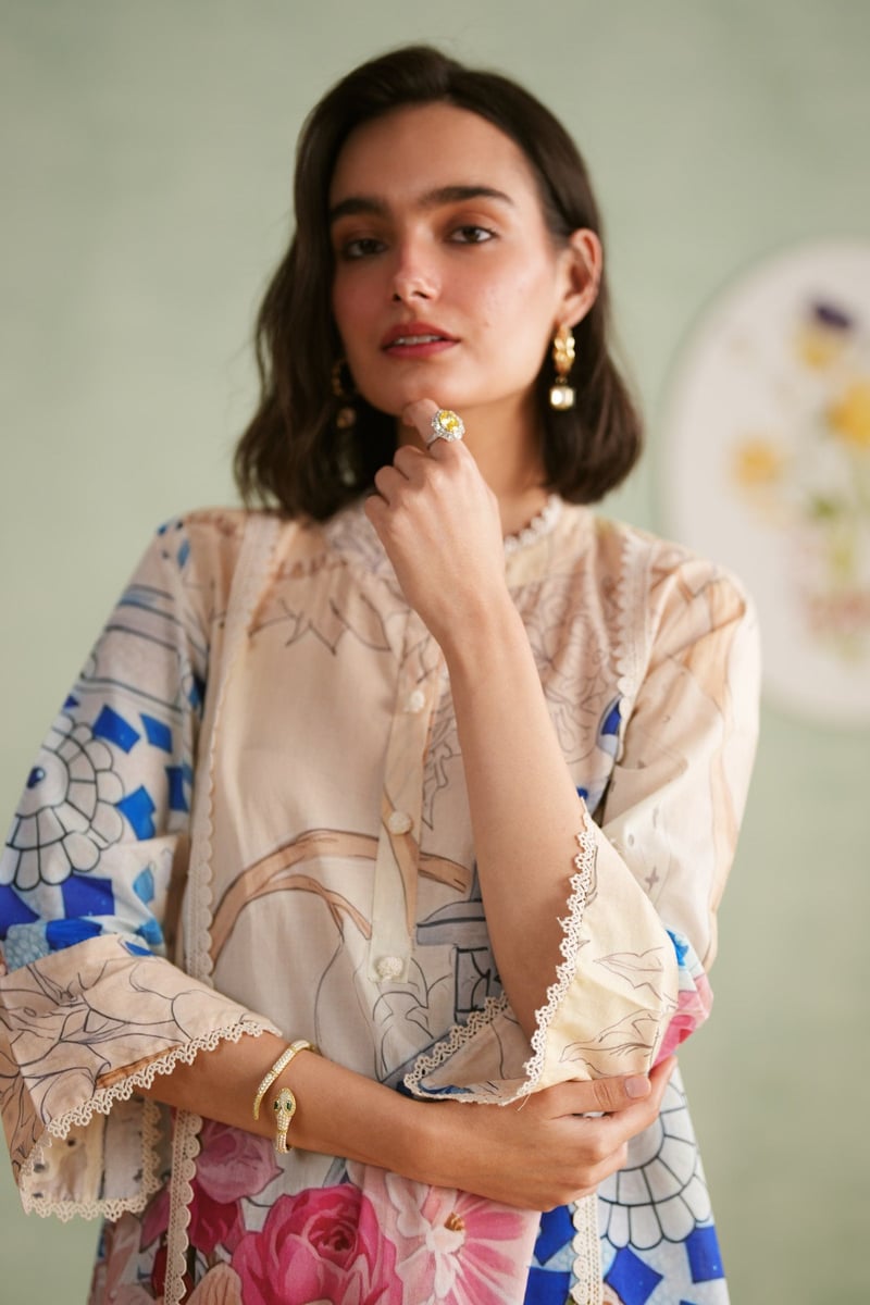 Beige/Blue Printed Cotton Lawn Suit Set
