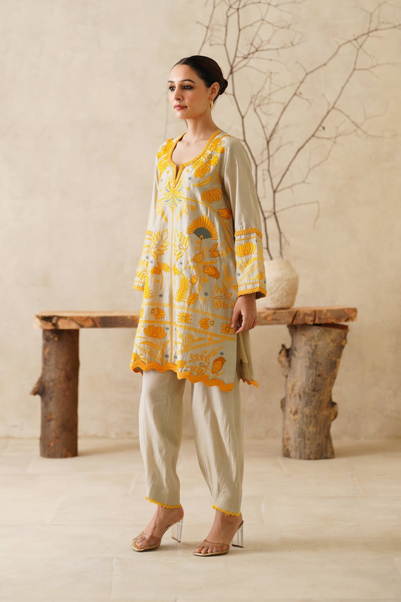Beige Chanderi Embroidered Kurta Co-ord Set