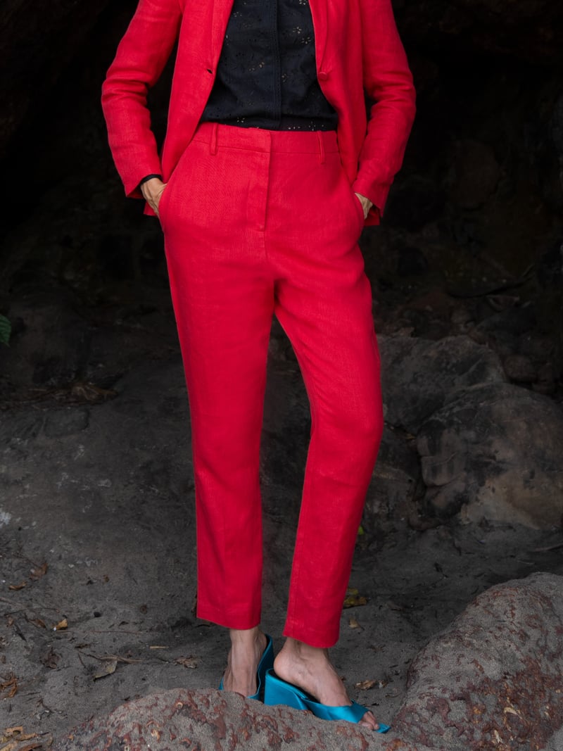 Red Linen Straight-Leg Trousers