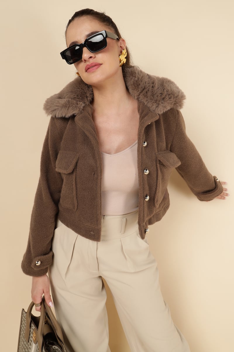 Taba Brown Cropped Jacket with Faux-Fur Collar