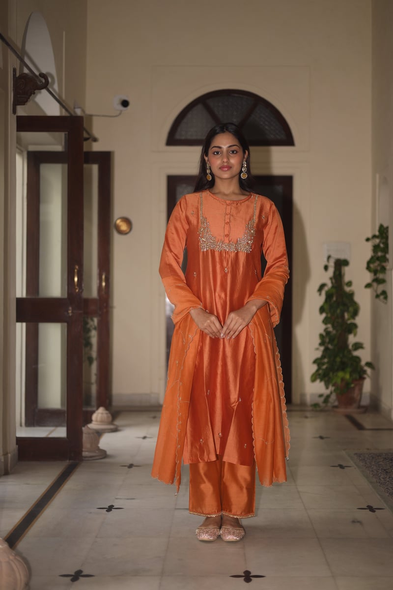 Rust Orange Zardozi Work Silk Chanderi Suit Set