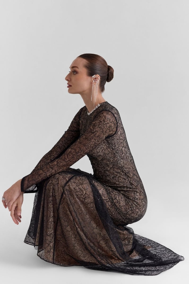 Black Lace Fit and Flare Maxi Dress with Full Sleeves