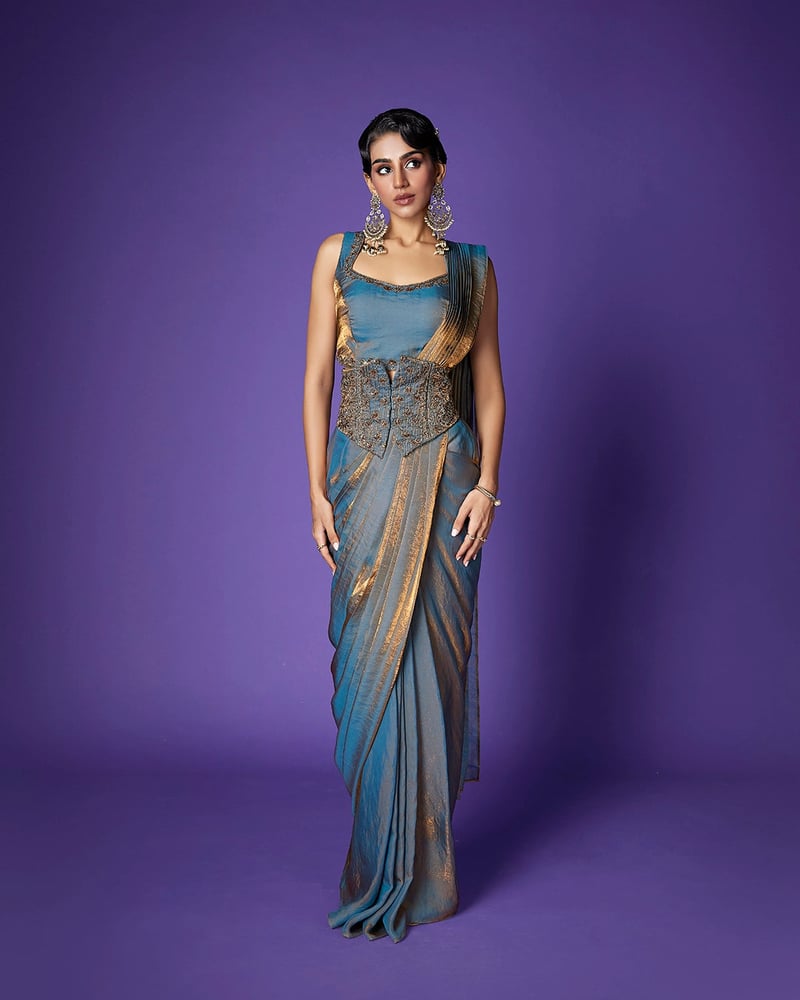 Twilight Dusk Shimmer Tissue Saree with Corset Belt