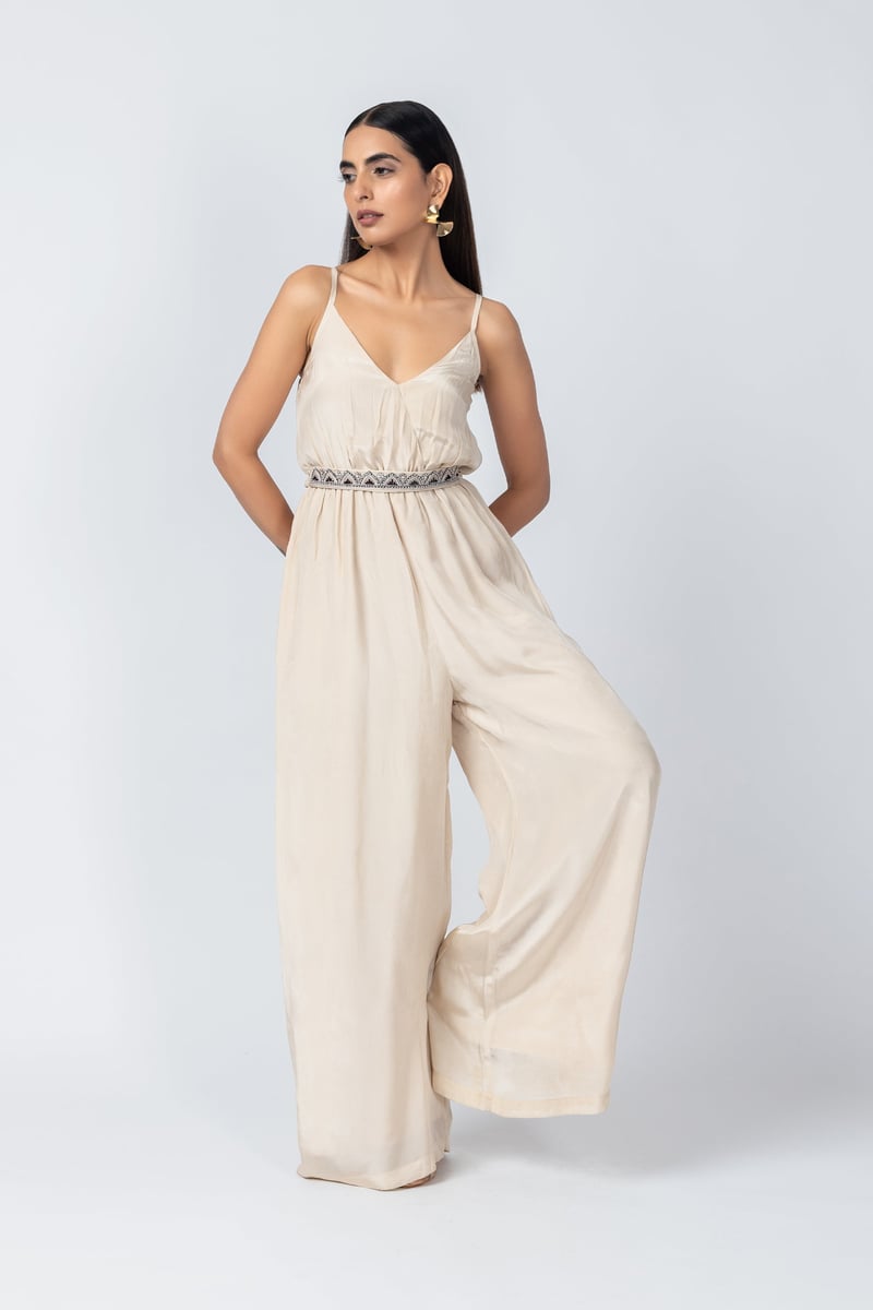 Champagne Jumpsuit with Abstract Printed Long Jacket