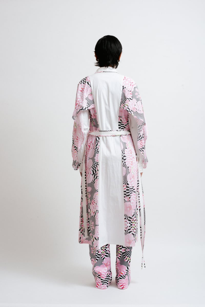 White and Pink Printed Midi Shirt Dress with Belt