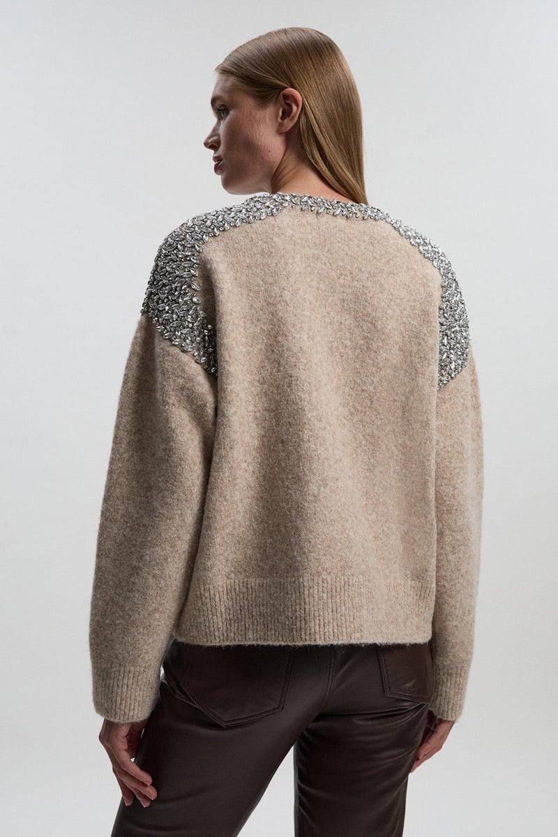 Oatmeal Embellished Trim Cosy Knit Jumper