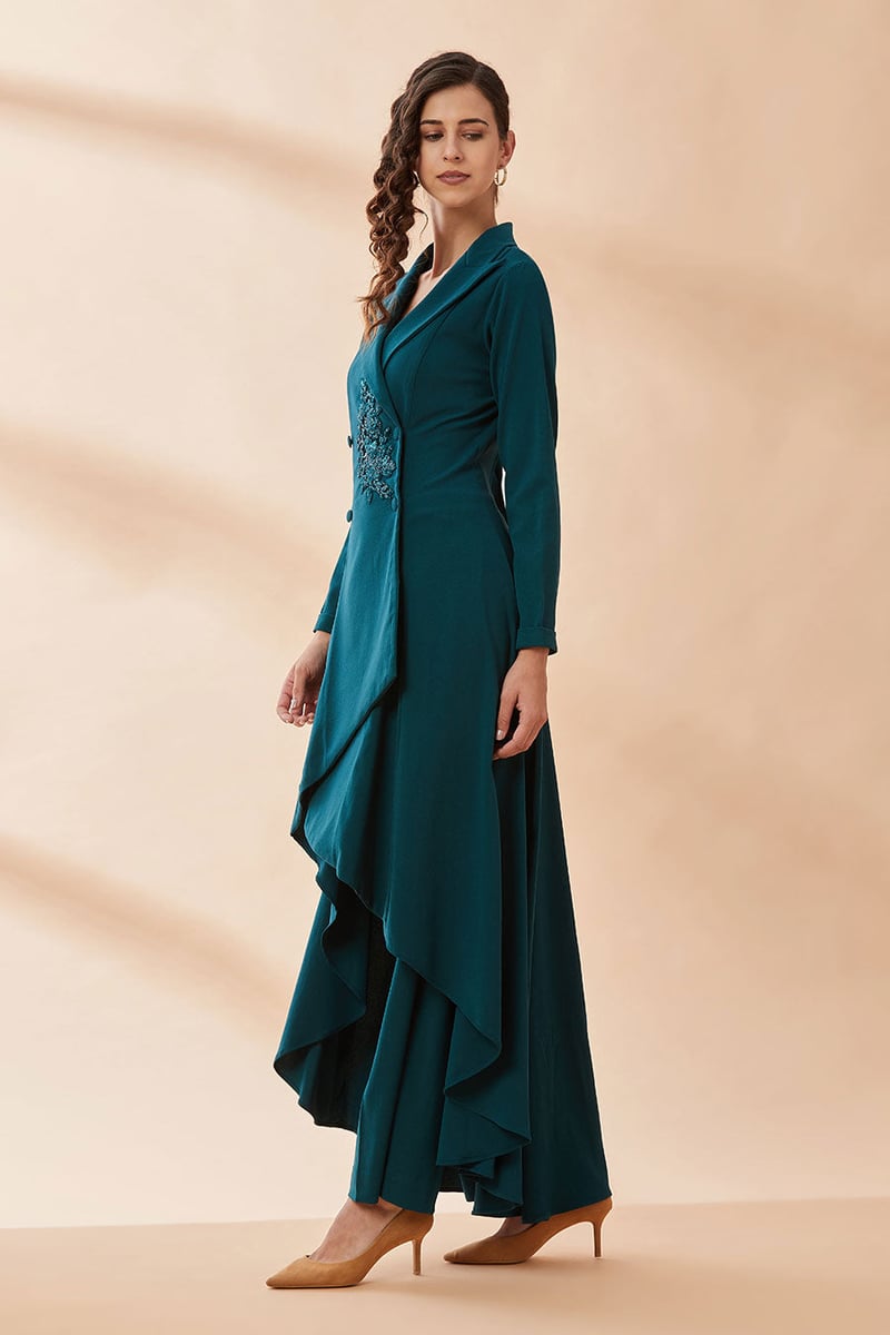 Green Crystal-Embellished Blazer Tunic and Pant Co-ord Set
