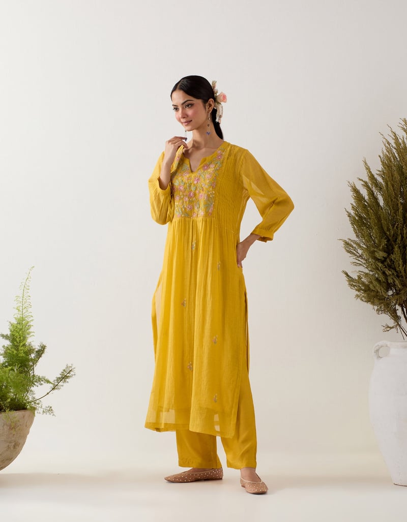Mustard Chanderi Embroidered Yoke Kurta Set