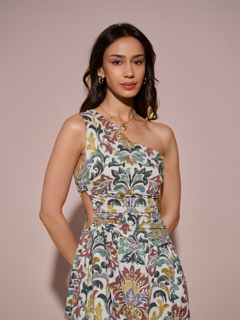 Green One-Shoulder Printed Maxi Dress with Waist Cut-Out