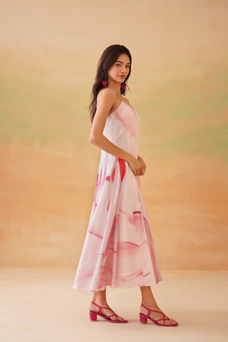 Baby Pink Abstract Floral Panelled Midi Dress