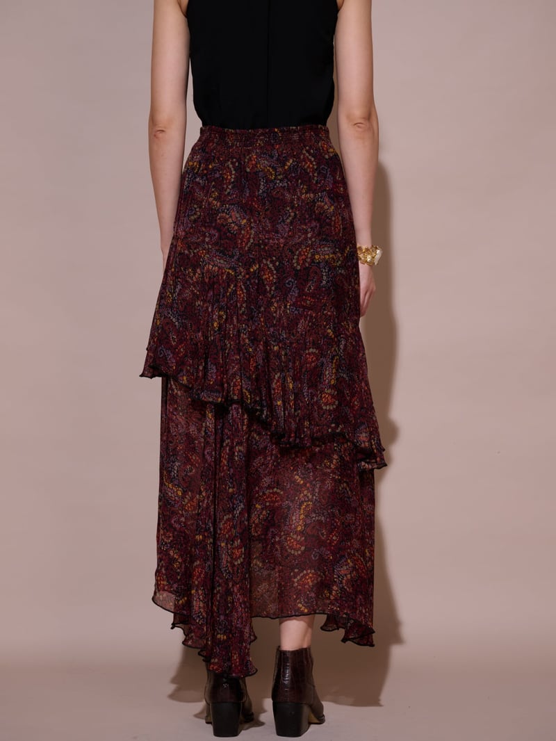 Wine Paisley Tiered Ruffle Midi Skirt
