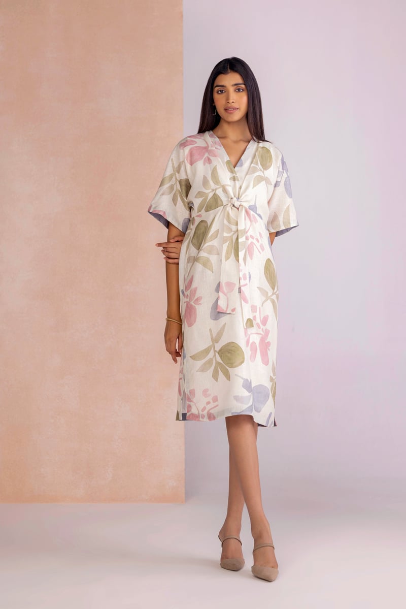 Off-White Watercolor Floral Tie-Waist Knee Dress