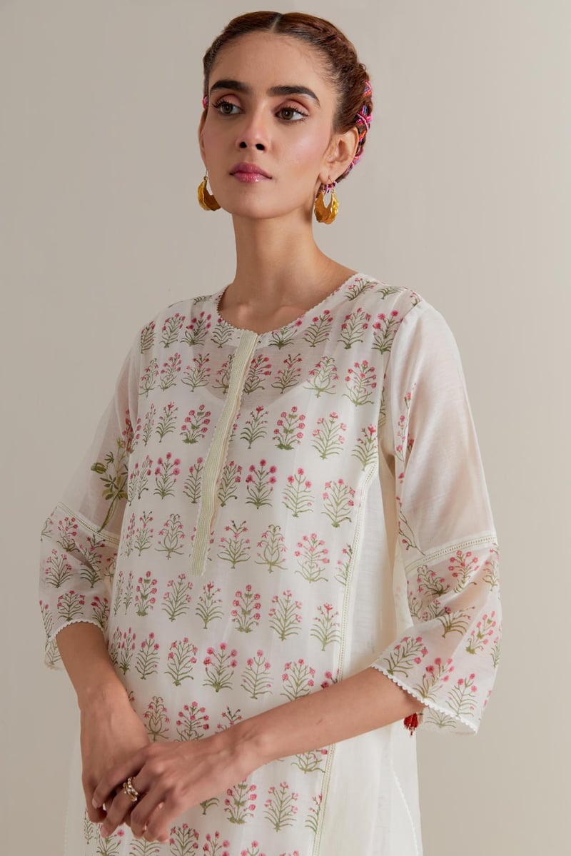 Off-White Floral Block Print Kurta Set with Dupatta