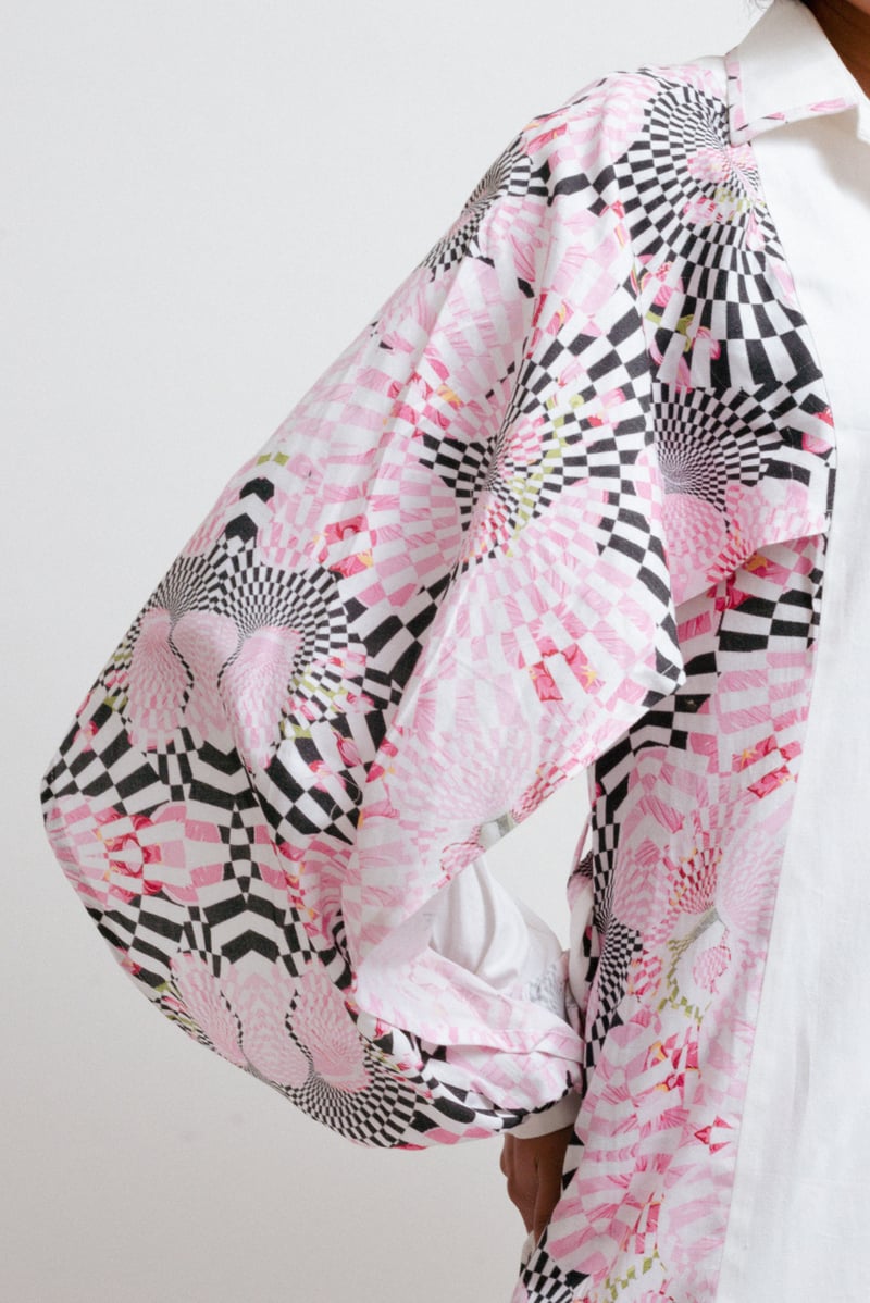 White and Pink Printed Midi Shirt Dress with Belt