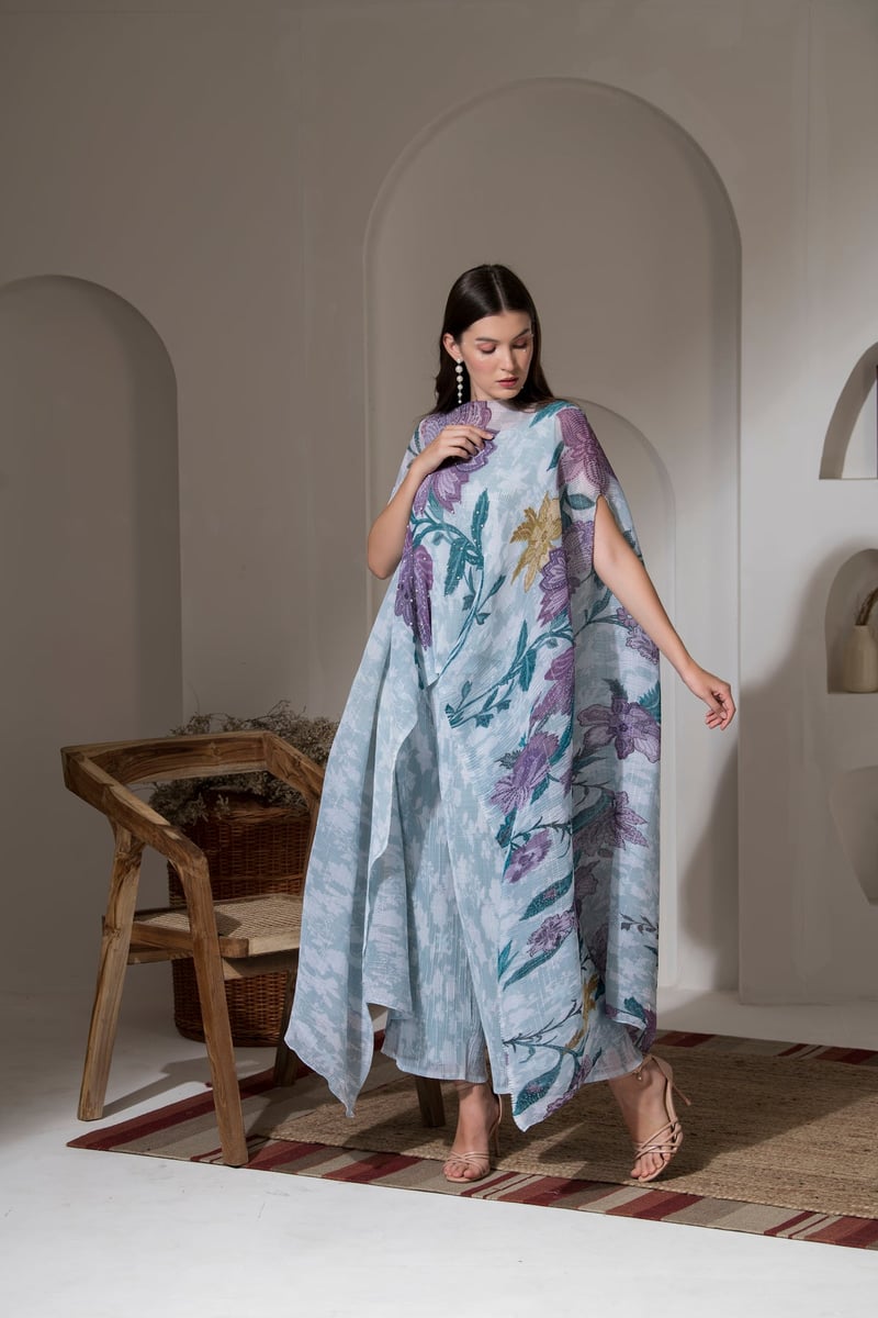 Blue Floral Kaftan and Wide-Leg Pant Co-ord Set — PREETI MEHTA