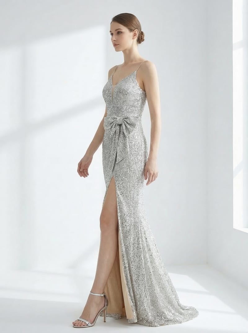 Silver Sequin Maxi Gown with Front Bow and Slit