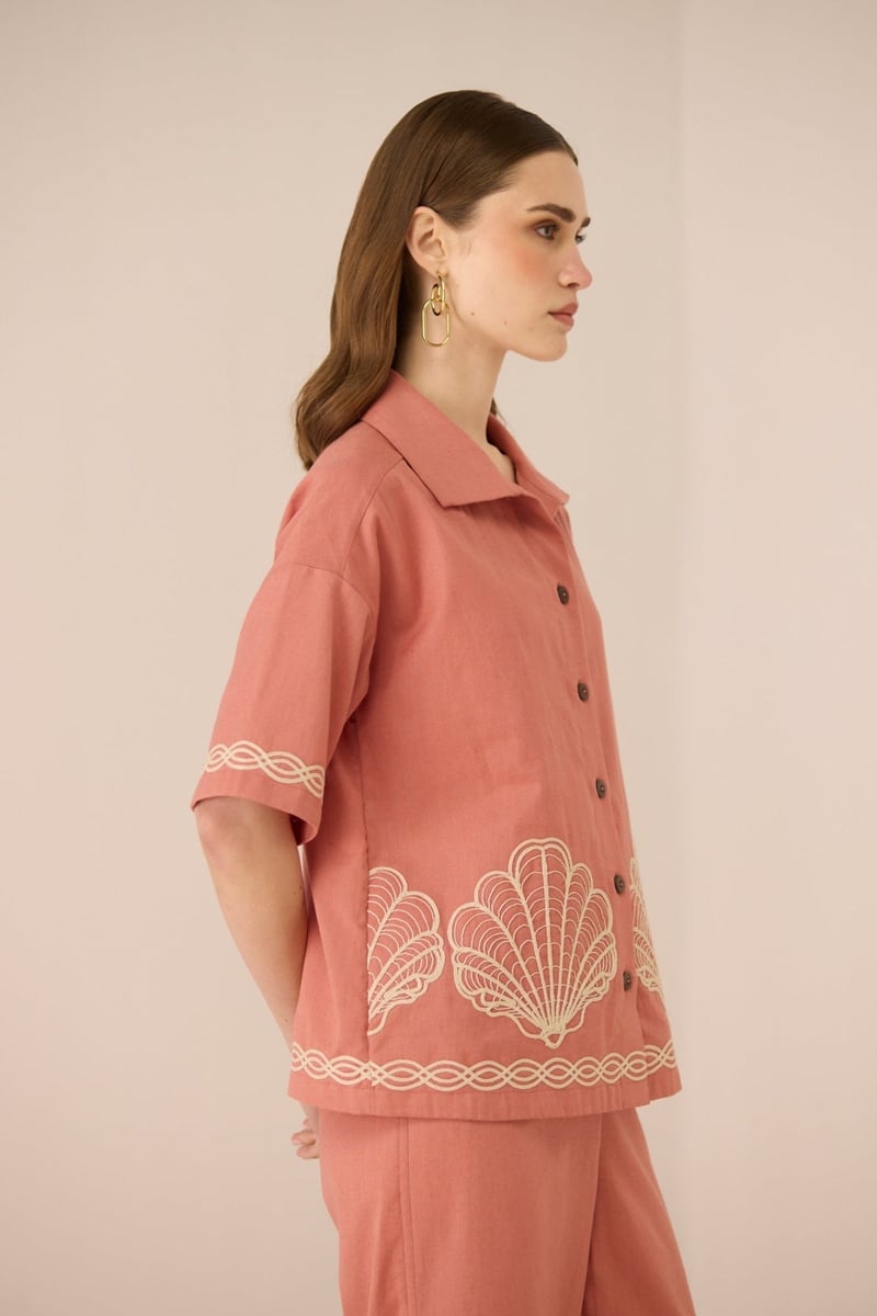 Coral Pink Cotton Linen Oversized Embroidered Shirt