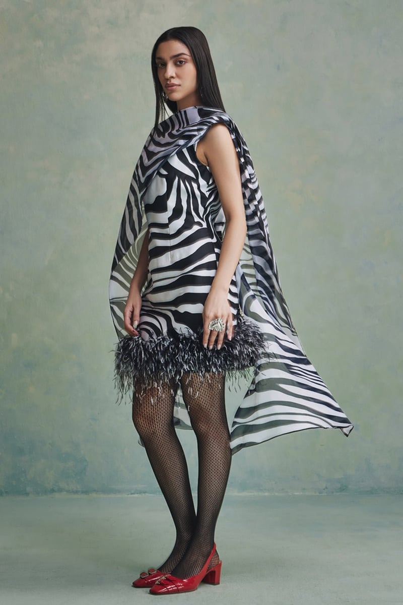 Black and White Zebra Print Mini Dress with Detachable Cape