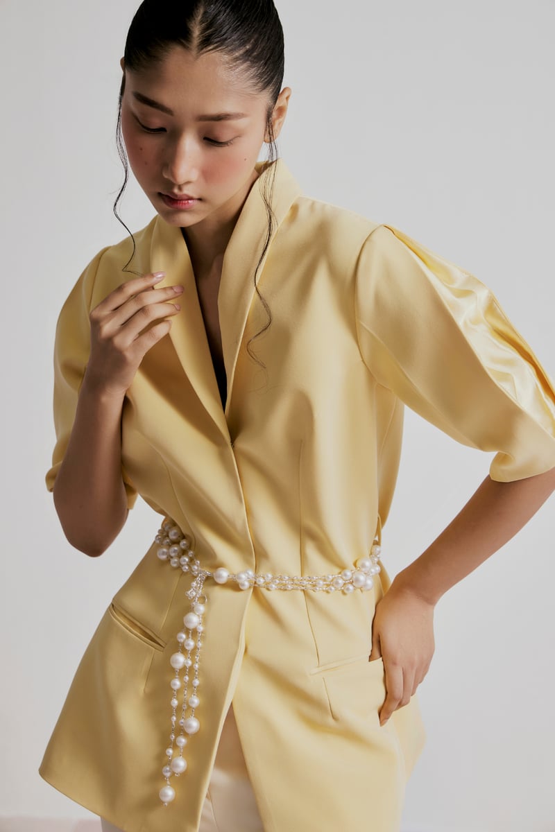 Pastel Yellow Banana Crepe Tailored Blazer with Pearl Belt