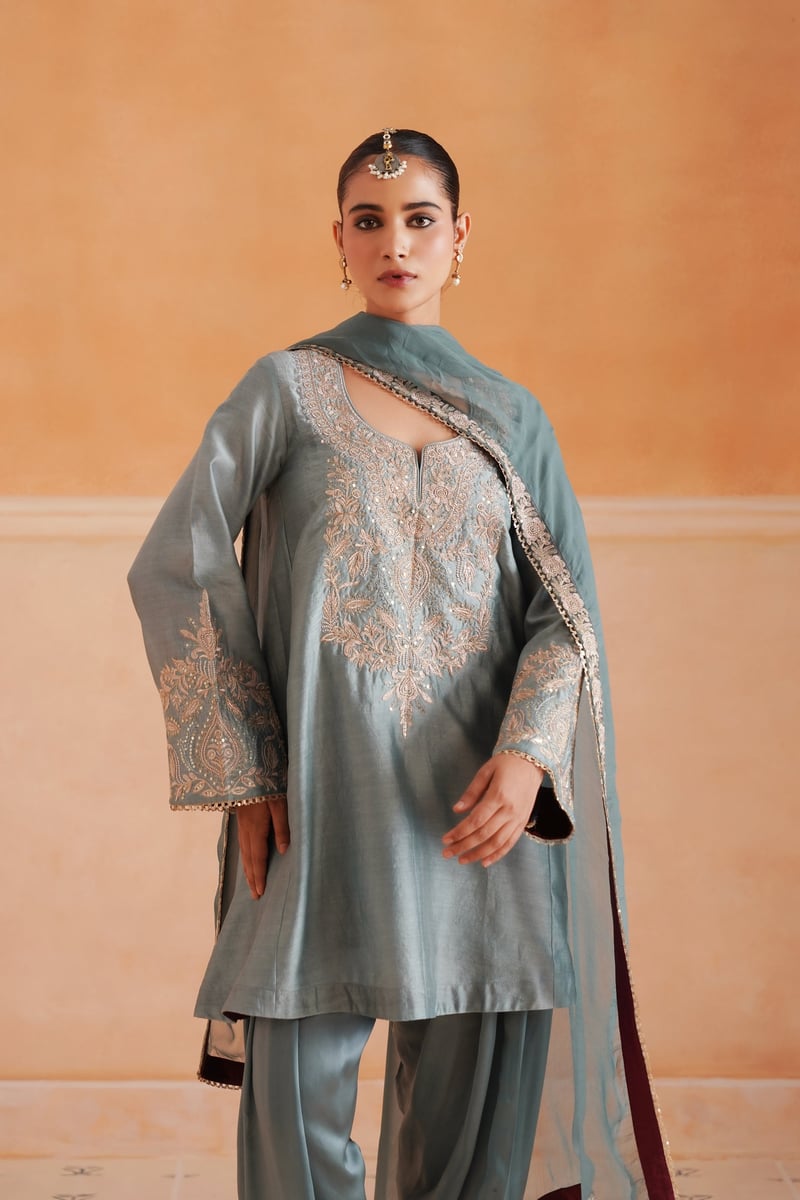 Sage Blue Chanderi Embroidered Kurta Set with Dupatta