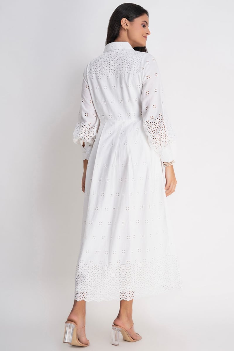 White Schiffli Cutwork Maxi Shirt Dress