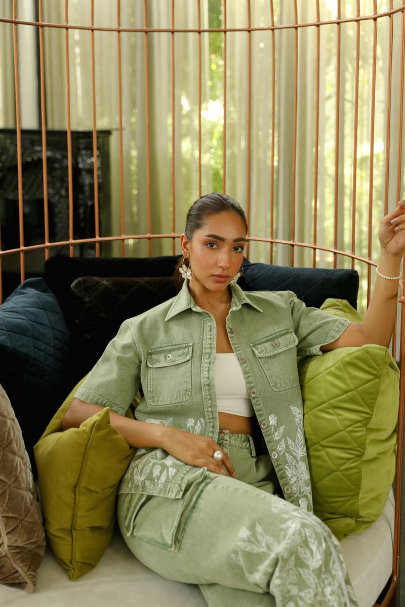 Green Cotton Twill Shirt and Cargo Pants Co-ord Set