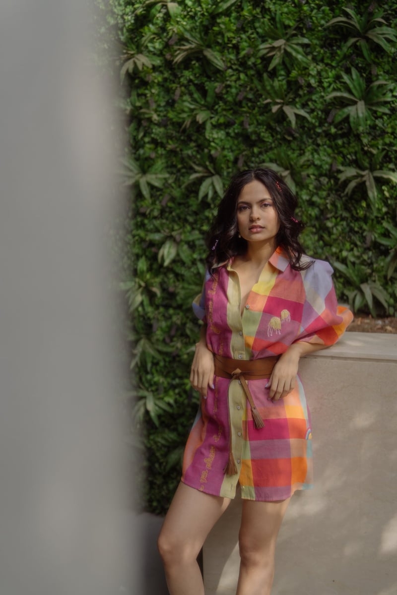 Multicolor Checked Mini Shirt Dress with Belt