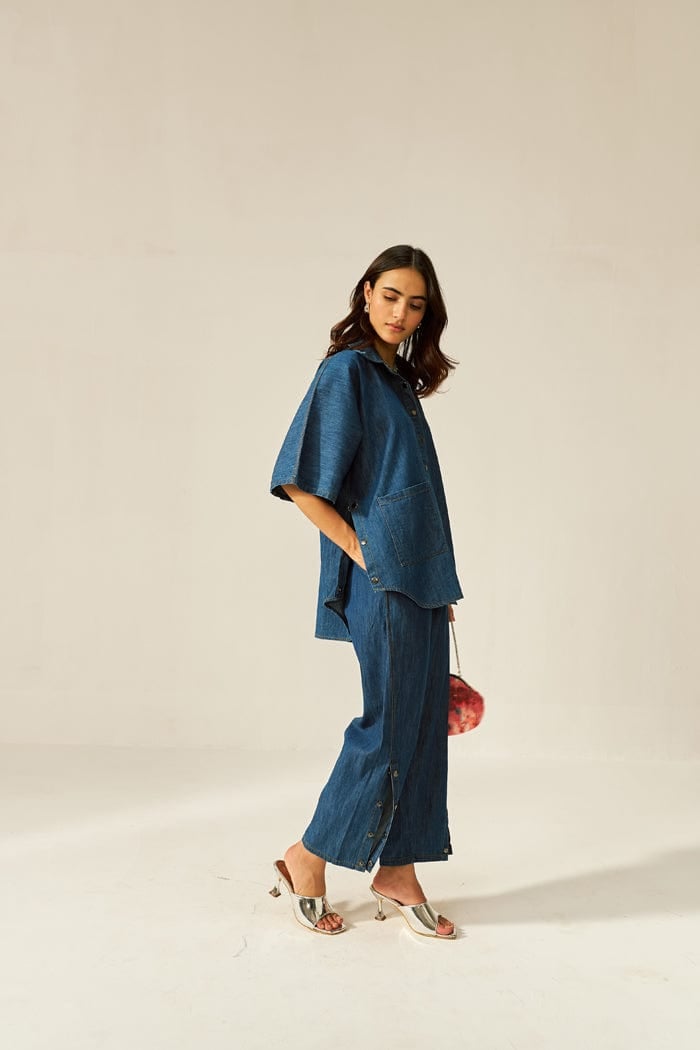 Dark Denim Oversized Shirt and Wide-Leg Pants Co-ord Set