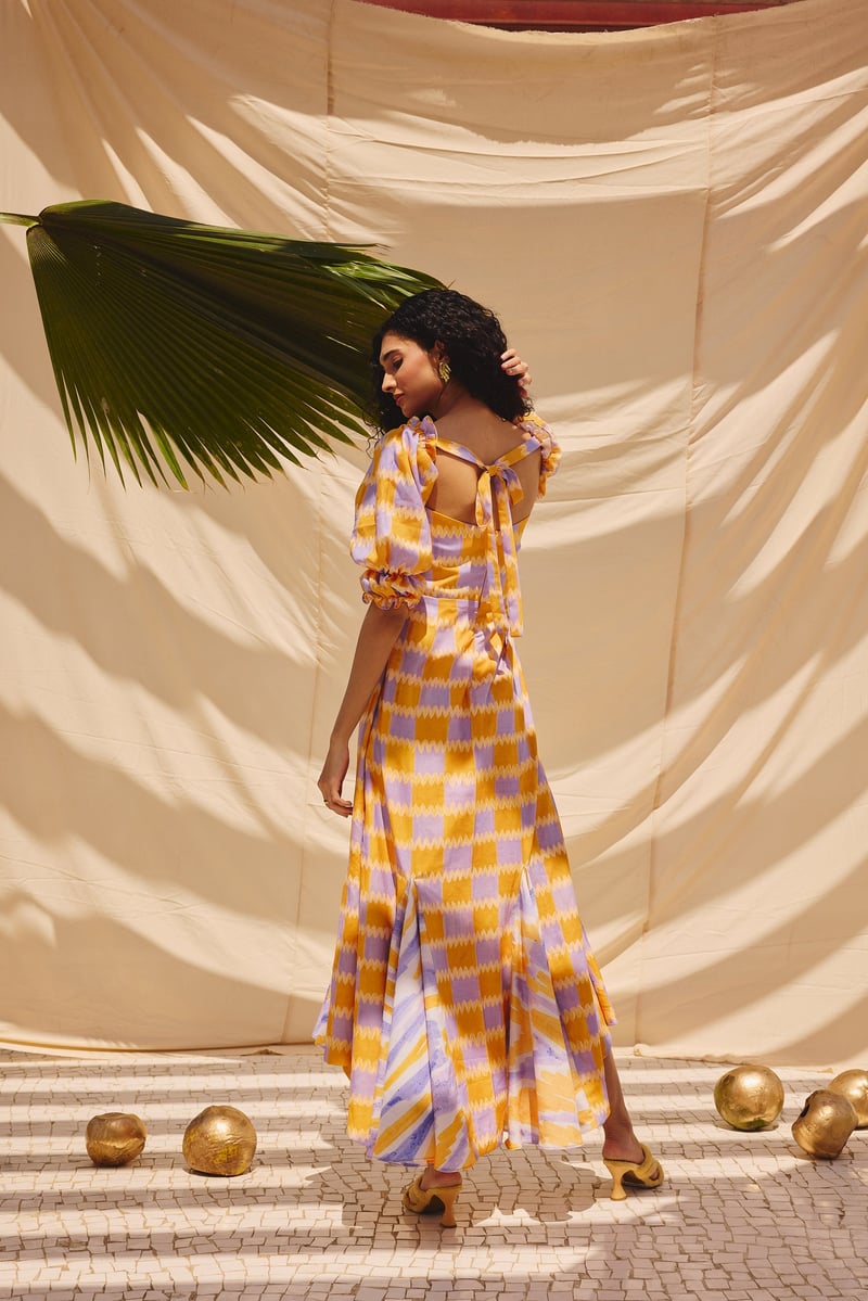 Multicolor Checked Cotton-Linen Fit and Flare Midi Dress