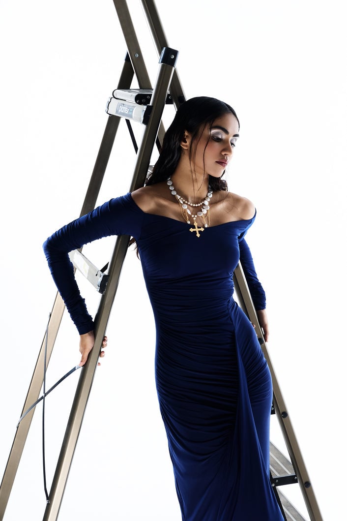 Blue Off-Shoulder Ruched Maxi Gown with Slit
