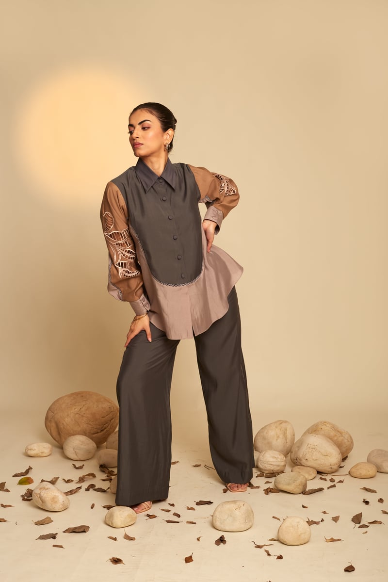 Neutral Colorblock Shirt and Wide-Leg Pants Co-ord Set — An'era by Asmita Verma