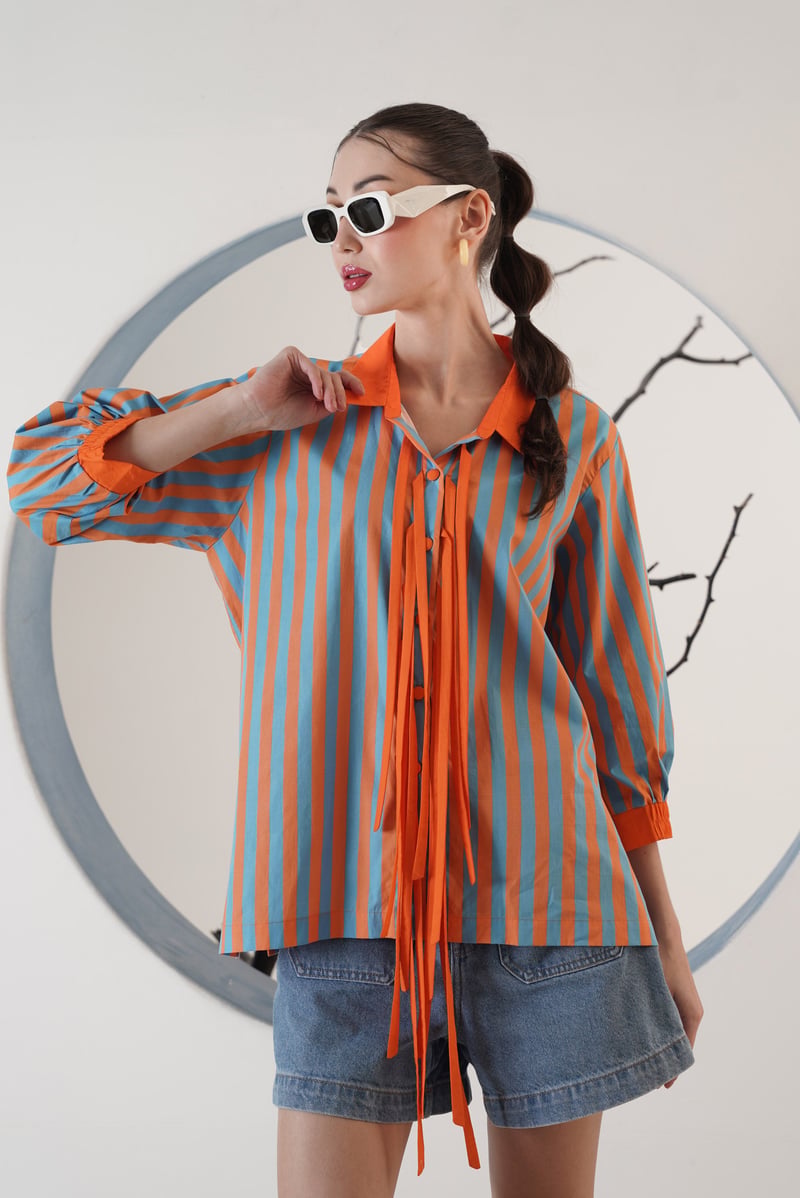 Blue and Orange Striped Tie-Front Collared Shirt — SURABHI ARYA