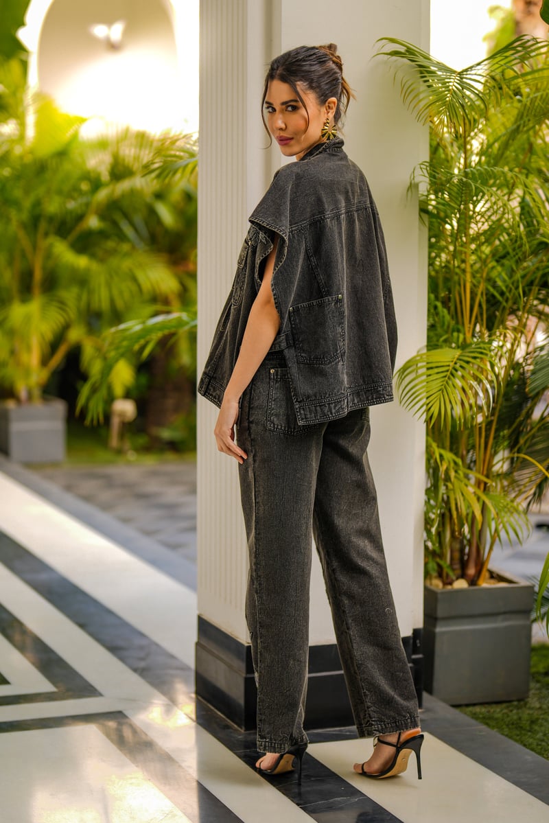 Black Denim Tie-Up Top and Wide-Leg Pants Co-ord Set