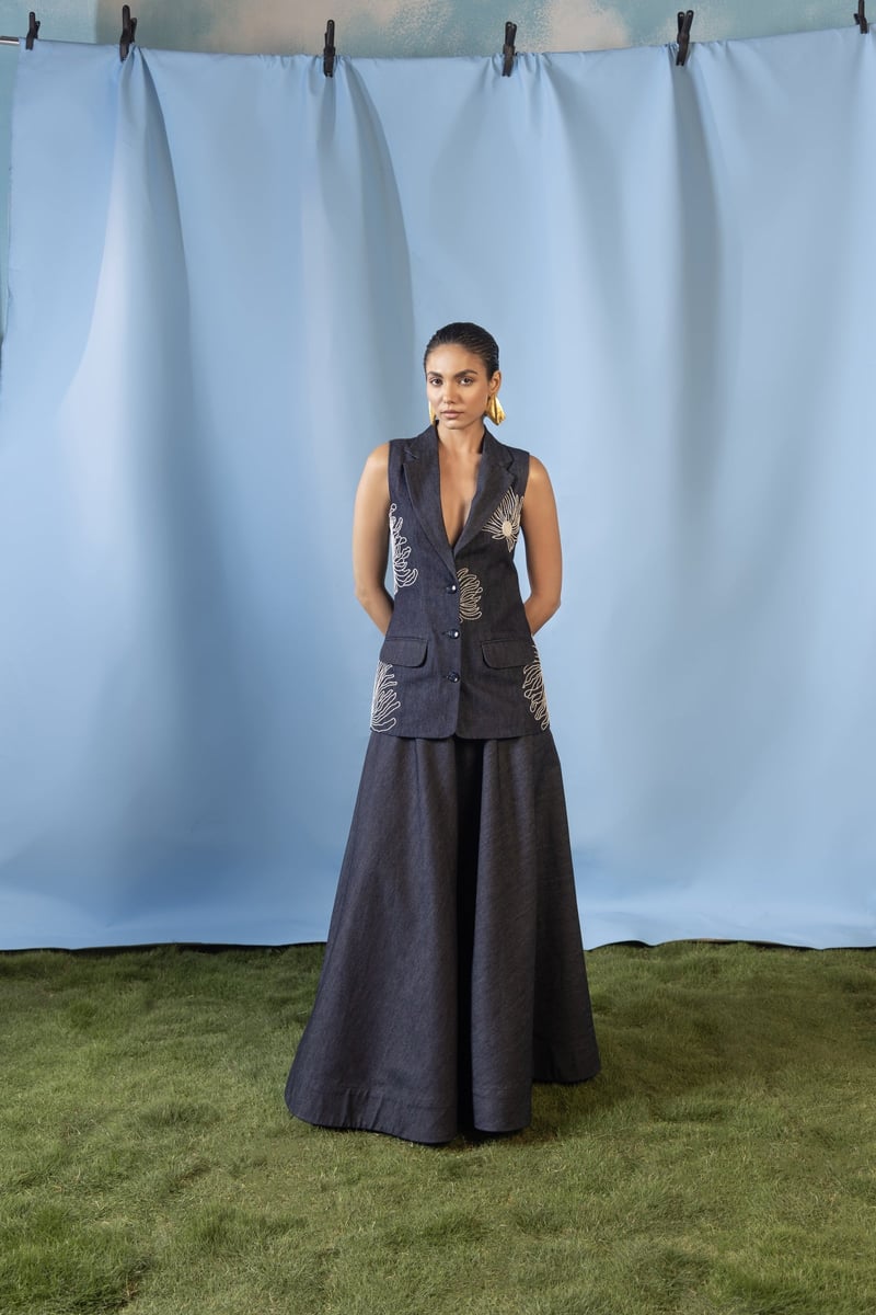 Navy Denim Vest and Maxi Skirt Co-ord Set — House of Araish