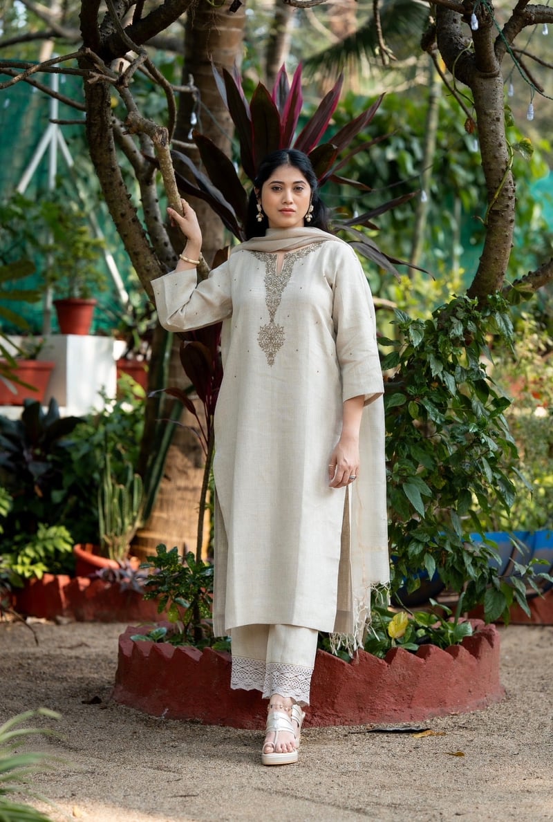 Oat Natural Linen Kurta Set with Embroidered Neckline