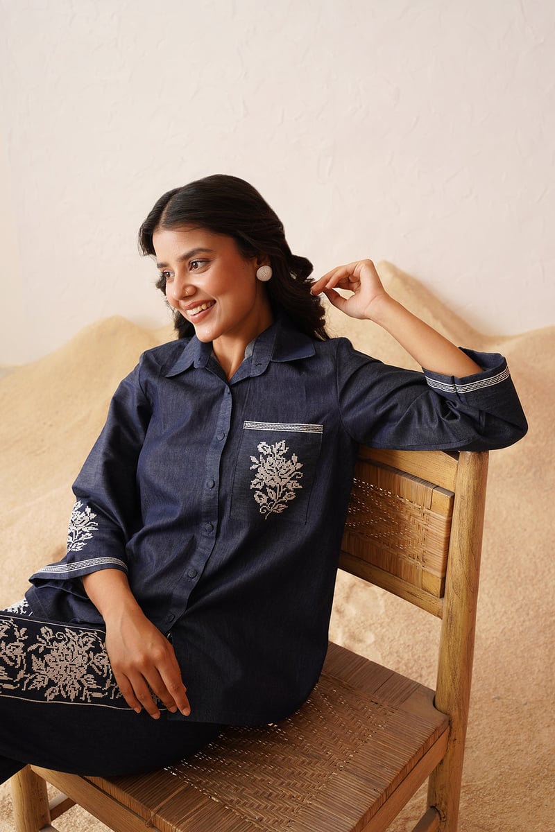 Blue Denim Cross-Stitch Embroidered Co-ord Set
