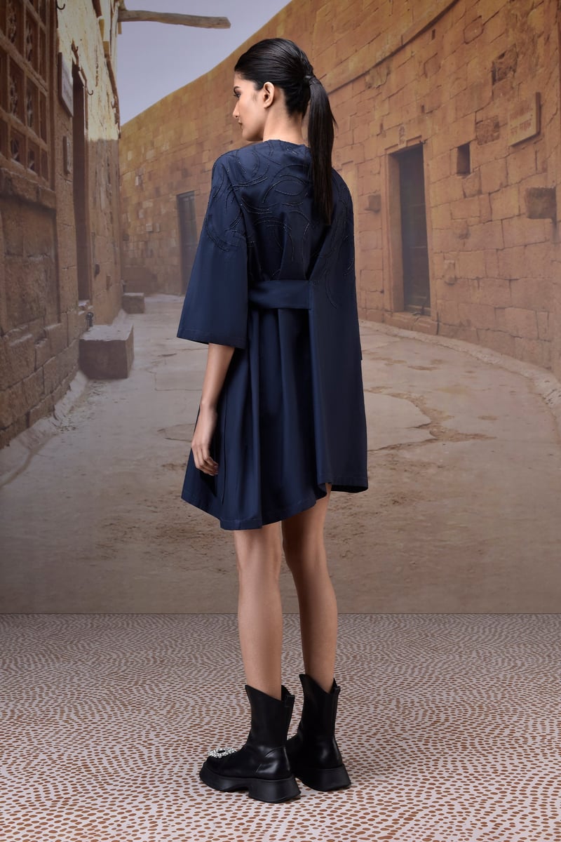 Navy Cotton Poplin Tie-Waist Straight Dress