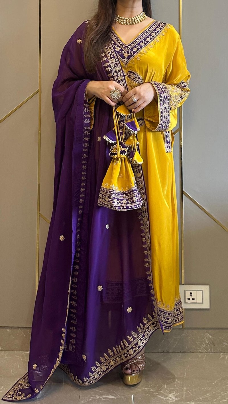 Mustard and Purple Colorblocked Zari Kurta Set — Kylee Fashions