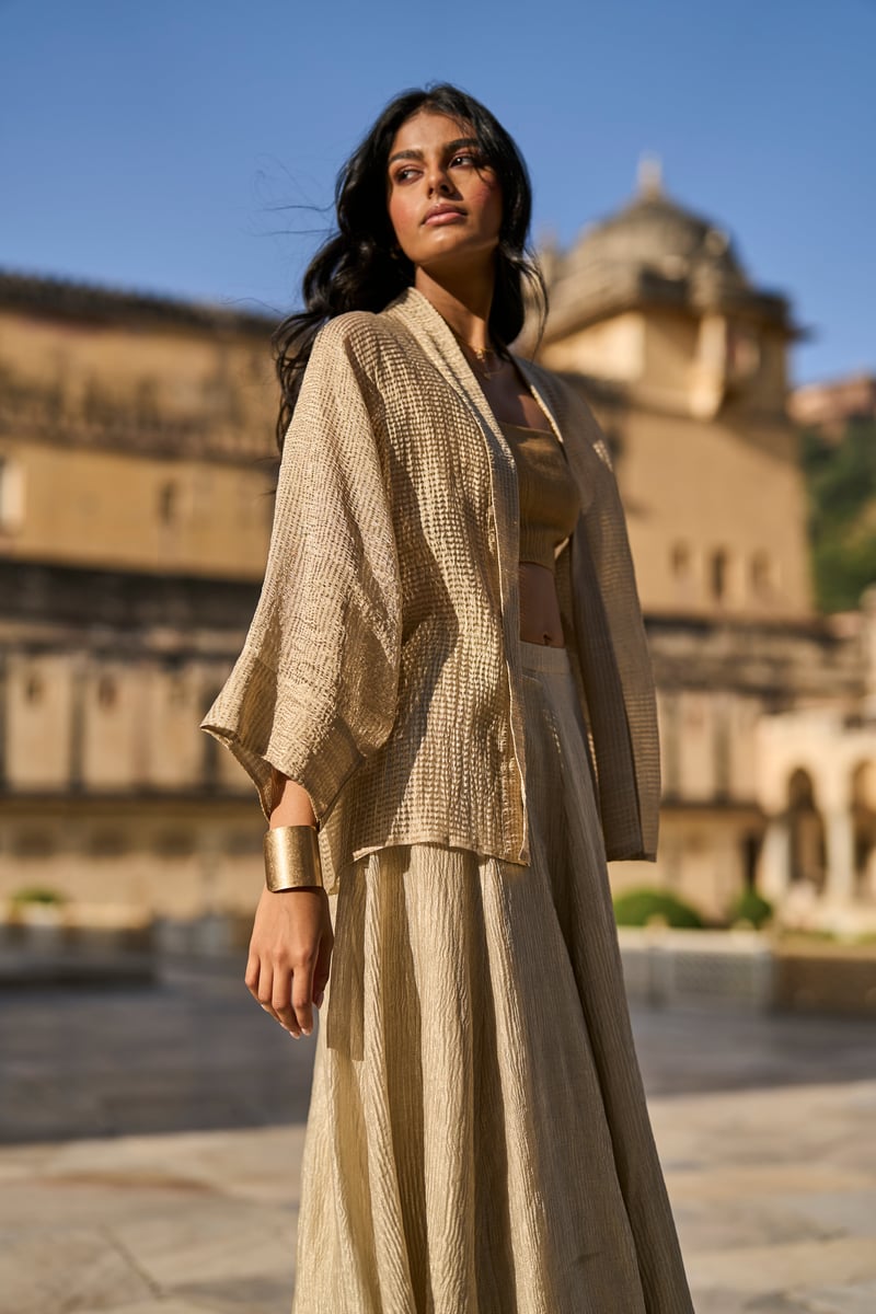Gold Metallic Tissue Shrug with Draped Lapel Collar